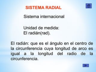 SISTEMA RADIAL
Sistema internacional
El radián: que es el ángulo en el centro de
la circunferencia cuya longitud de arco es
igual a la longitud del radio de la
circunferencia.
Unidad de medida:
El radián(rad).
 
