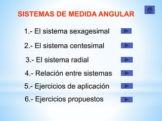 SISTEMAS DE MEDIDA ANGULAR
1.- El sistema sexagesimal
2.- El sistema centesimal
3.- El sistema radial
6.- Ejercicios propuestos
4.- Relación entre sistemas
5.- Ejercicios de aplicación
 