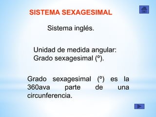 SISTEMA SEXAGESIMAL
Sistema inglés.
Unidad de medida angular:
Grado sexagesimal (º).
Grado sexagesimal (º) es la
360ava parte de una
circunferencia.
 