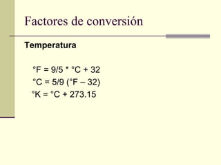 Factores de conversión
Temperatura
°F = 9/5 * °C + 32
°C = 5/9 (°F – 32)
°K = °C + 273.15
 