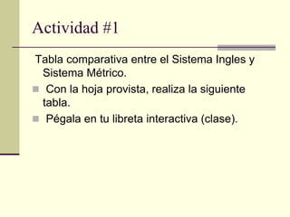 Actividad #1
Tabla comparativa entre el Sistema Ingles y
Sistema Métrico.
 Con la hoja provista, realiza la siguiente
tabla.
 Pégala en tu libreta interactiva (clase).
 