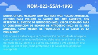 23
NOM-023-SSA1-1993
NORMA OFICIAL MEXICANA NOM-023-SSA1-1993. "SALUD AMBIENTAL.
CRITERIO PARA EVALUAR LA CALIDAD DEL AIRE AMBIENTE, CON
RESPECTO AL BIOXIDO DE NITROGENO (NO2). VALOR NORMADO PARA
LA CONCENTRACION DE BIOXIDO DE NITROGENO (NO2) EN EL AIRE
AMBIENTE, COMO MEDIDA DE PROTECCION A LA SALUD DE LA
POBLACION".
Esta norma establece que la concentración de bióxido de nitrógeno,
como contaminante atmosférico, no debe rebasar el límite máximo
normado de 0.21 ppm o lo que es equivalente a 395 µg/m3, en una
hora una vez al año, como protección a la salud de la población
susceptible
 