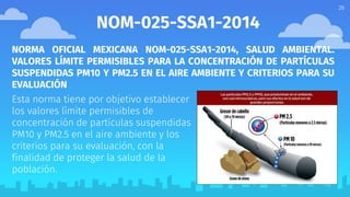 26
26
NOM-025-SSA1-2014
NORMA OFICIAL MEXICANA NOM-025-SSA1-2014, SALUD AMBIENTAL.
VALORES LÍMITE PERMISIBLES PARA LA CONCENTRACIÓN DE PARTÍCULAS
SUSPENDIDAS PM10 Y PM2.5 EN EL AIRE AMBIENTE Y CRITERIOS PARA SU
EVALUACIÓN
Esta norma tiene por objetivo establecer
los valores límite permisibles de
concentración de partículas suspendidas
PM10 y PM2.5 en el aire ambiente y los
criterios para su evaluación, con la
finalidad de proteger la salud de la
población.
 