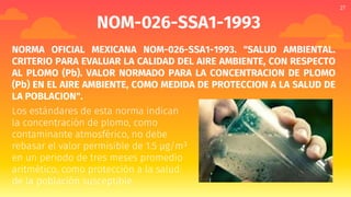 27
27
27
NOM-026-SSA1-1993
NORMA OFICIAL MEXICANA NOM-026-SSA1-1993. "SALUD AMBIENTAL.
CRITERIO PARA EVALUAR LA CALIDAD DEL AIRE AMBIENTE, CON RESPECTO
AL PLOMO (Pb). VALOR NORMADO PARA LA CONCENTRACION DE PLOMO
(Pb) EN EL AIRE AMBIENTE, COMO MEDIDA DE PROTECCION A LA SALUD DE
LA POBLACION".
Los estándares de esta norma indican
la concentración de plomo, como
contaminante atmosférico, no debe
rebasar el valor permisible de 1.5 µg/m³
en un periodo de tres meses promedio
aritmético, como protección a la salud
de la población susceptible.
 