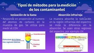 Tipos de métodos para la medición
de los contaminantes
Ionización de la llama
Responde en proporción al numero
de átomos de carbono en la
muestra de gas. Se utiliza para
medir el COV
7
Absorción infrarroja
La muestra absorbe la radicación
en la región infrarroja del espectro:
se mide la diferencia en la
absorción. Se usan otras regiones
del espectro, por ejemplo UV.
 