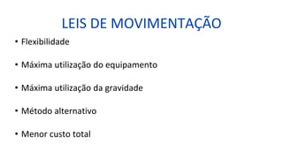 LEIS DE MOVIMENTAÇÃO
• Flexibilidade
• Máxima utilização do equipamento
• Máxima utilização da gravidade
• Método alternativo
• Menor custo total
 