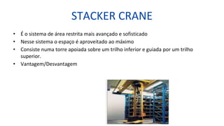 STACKER CRANE
• É o sistema de área restrita mais avançado e sofisticado
• Nesse sistema o espaço é aproveitado ao máximo
• Consiste numa torre apoiada sobre um trilho inferior e guiada por um trilho
superior.
• Vantagem/Desvantagem
 
