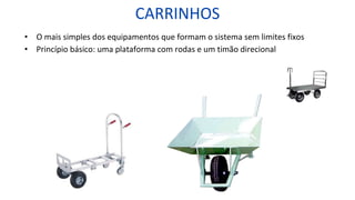 CARRINHOS
• O mais simples dos equipamentos que formam o sistema sem limites fixos
• Princípio básico: uma plataforma com rodas e um timão direcional
 
