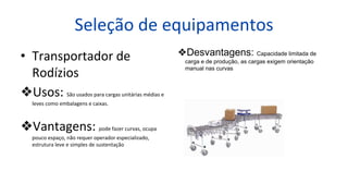 Seleção de equipamentos
• Transportador de
Rodízios
❖Usos: São usados para cargas unitárias médias e
leves como embalagens e caixas.
❖Vantagens: pode fazer curvas, ocupa
pouco espaço, não requer operador especializado,
estrutura leve e simples de sustentação
❖Desvantagens: Capacidade limitada de
carga e de produção, as cargas exigem orientação
manual nas curvas
 