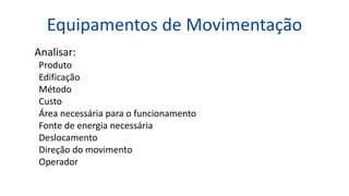 Equipamentos de Movimentação
Analisar:
Produto
Edificação
Método
Custo
Área necessária para o funcionamento
Fonte de energia necessária
Deslocamento
Direção do movimento
Operador
 