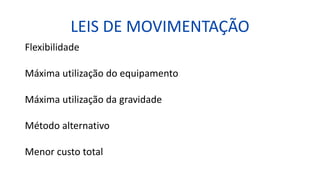 LEIS DE MOVIMENTAÇÃO
Flexibilidade
Máxima utilização do equipamento
Máxima utilização da gravidade
Método alternativo
Menor custo total
 