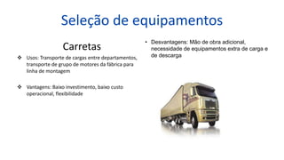 Seleção de equipamentos
Carretas
 Usos: Transporte de cargas entre departamentos,
transporte de grupo de motores da fábrica para
linha de montagem
 Vantagens: Baixo investimento, baixo custo
operacional, flexibilidade
• Desvantagens: Mão de obra adicional,
necessidade de equipamentos extra de carga e
de descarga
 
