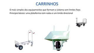 CARRINHOS
O mais simples dos equipamentos que formam o sistema sem limites fixos
Princípio básico: uma plataforma com rodas e um timão direcional
 