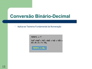 13
Conversão Binário-Decimal
– Aplica-se Teorema Fundamental da Numeração
 