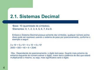 4
2.1. Sistemas Decimal
•Base: 10 (quantidade de símbolos).
•Elementos: 0, 1, 2, 3, 4, 5, 6, 7, 8 e 9.
Embora o Sistema Decimal possua somente dez símbolos, qualquer número acima
disso pode ser expresso usando o sistema de peso por posicionamento, conforme o
exemplo a seguir:
3 x 103
+ 5 x 102
+ 4 x 101
+ 6 x 100
3000 + 500 + 40 + 6 = 3546
Obs.: Dependendo do posicionamento, o digito terá peso. Quanto mais próximo da
extrema esquerda do número estiver o digito, maior será a potência de dez que estará
multiplicando o mesmo, ou seja, mais significativo será o digito.
 
