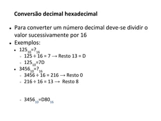 ● Para converter um número decimal deve-se dividir o
valor sucessivamente por 16
● Exemplos:
● 12510
=?16
● 125 ÷ 16 = 7 → Resto 13 = D
● 12510
=7D
● 345610
=?16
● 3456 ÷ 16 = 216 → Resto 0
● 216 ÷ 16 = 13 → Resto 8
● 345610
=D8016
Conversão decimal hexadecimal
 