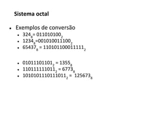 ● Exemplos de conversão
● 3248
= 0110101002
● 12348
=0010100111002
● 654378
= 1101011000111112
● 010111011012
= 13558
● 1101111110112
= 67738
● 10101011101110112
= 1256738
Sistema octal
 