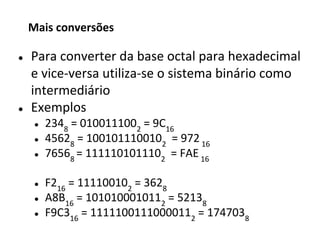 ● Para converter da base octal para hexadecimal
e vice-versa utiliza-se o sistema binário como
intermediário
● Exemplos
● 2348
= 0100111002
= 9C16
● 45628
= 1001011100102
= 972 16
● 76568
= 1111101011102
= FAE 16
● F216
= 111100102
= 3628
● A8B16
= 1010100010112
= 52138
● F9C316
= 11111001110000112
= 1747038
Mais conversões
 