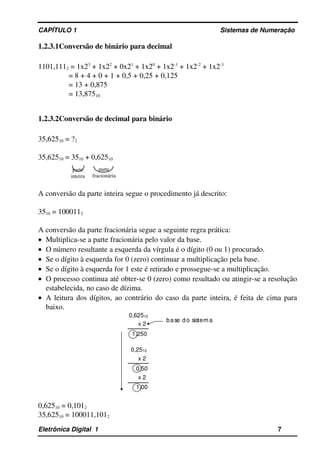 CAPÍTULO 1                                                                                Sistemas de Numeração
1.2.3.1Conversão de binário para decimal
1101,1112 = 1x23
 + 1x22
 + 0x21
 + 1x20
 + 1x2­1
 + 1x2­2
 + 1x2­3
= 8 + 4 + 0 + 1 + 0,5 + 0,25 + 0,125
= 13 + 0,875
= 13,87510
1.2.3.2Conversão de decimal para binário
35,62510 = ?2
35,62510 = 3510 + 0,62510
A conversão da parte inteira segue o procedimento já descrito:
3510 = 1000112
A conversão da parte fracionária segue a seguinte regra prática:
• Multiplica­se a parte fracionária pelo valor da base.
• O número resultante a esquerda da vírgula é o dígito (0 ou 1) procurado.
• Se o dígito à esquerda for 0 (zero) continuar a multiplicação pela base.
• Se o dígito à esquerda for 1 este é retirado e prossegue­se a multiplicação.
• O processo continua até obter­se 0 (zero) como resultado ou atingir­se a resolução 
estabelecida, no caso de dízima.
• A leitura dos dígitos, ao contrário do caso da parte inteira, é feita de cima para 
baixo.
x 2
x 2
0,2510
1,00
0,50
1,250
x 2
0,62510
base do sistema
0,62510 = 0,1012
35,62510 = 100011,1012
Eletrônica Digital  1                                                                                                    7
parte 
inteira
parte 
fracionária
 