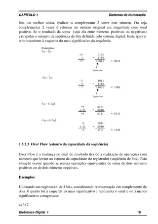 CAPÍTULO 1                                                                                Sistemas de Numeração
bits,   ou   melhor   ainda,   realizar   o   complemento   2   sobre   este   número.   Ou   seja 
complementar  2 vezes  é  retornar  ao número  original  em  magnitude  com  sinal 
positivo. Se o resultado da soma   (seja ela entre números positivos ou negativos) 
extrapolar o número da seqüência de bits definida pelo sistema digital, basta ignorar 
o bit excedente à esquerda do mais significativo da seqüência. 
1.5.2.3  Over Flow (estouro da capacidade da seqüência)
Over Flow é a mudança no sinal do resultado devido a realização de operações com 
números que levam ao estouro da capacidade do registrador (seqüência de bits). Esta 
situação ocorre quando se realiza operações equivalentes de soma de dois números 
positivos ou de dois números negativos.
Exemplos: 
Utilizando um registrador de 4 bits, considerando representação em complemento de 
dois. 0 quarto bit à esquerda (o mais significativo ) representa o sinal e os 3 menos 
significativos a magnitude:
a) 3+2 
Eletrônica Digital  1                                                                                                    18
 