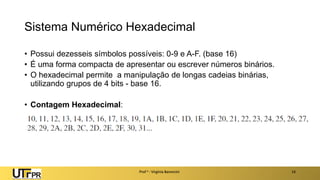 Sistema Numérico Hexadecimal
• Possui dezesseis símbolos possíveis: 0-9 e A-F. (base 16)
• É uma forma compacta de apresentar ou escrever números binários.
• O hexadecimal permite a manipulação de longas cadeias binárias,
utilizando grupos de 4 bits - base 16.
• Contagem Hexadecimal:
Prof a : Virgínia Baroncini 14
 