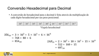 Conversão Hexadecimal para Decimal
• A conversão do hexadecimal para o decimal é feita através da multiplicação de
cada dígito hexadecimal por seu peso posicional.
Prof a : Virgínia Baroncini 16
 