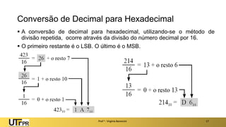 Conversão de Decimal para Hexadecimal
▪ A conversão de decimal para hexadecimal, utilizando-se o método de
divisão repetida, ocorre através da divisão do número decimal por 16.
▪ O primeiro restante é o LSB. O último é o MSB.
Prof a : Virgínia Baroncini 17
 