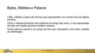 Bytes, Nibbles e Palavra
Prof a : Virgínia Baroncini 33
▪ Bits, nibbles e bytes são termos que representam um numero fixo de digitos
binários.
▪Com o desenvolvimento dos sistemas ao longo dos anos, a sua capacidade
de lidar com dados binários também cresceu.
▪Uma palavra (word) é um grupo de bits que representa uma certa unidade
de informação.
 