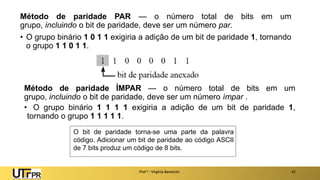 Método de paridade PAR — o número total de bits em um
grupo, incluindo o bit de paridade, deve ser um número par.
• O grupo binário 1 0 1 1 exigiria a adição de um bit de paridade 1, tornando
o grupo 1 1 0 1 1.
Prof a : Virgínia Baroncini 41
Método de paridade ÍMPAR — o número total de bits em um
grupo, incluindo o bit de paridade, deve ser um número ímpar .
• O grupo binário 1 1 1 1 exigiria a adição de um bit de paridade 1,
tornando o grupo 1 1 1 1 1.
O bit de paridade torna-se uma parte da palavra
código. Adicionar um bit de paridade ao código ASCII
de 7 bits produz um código de 8 bits.
 