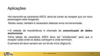 Aplicações
▪Ao transmitir-se caracteres ASCII, deve-se contar ao receptor que um novo
personagem está chegando.
Muitas vezes, também é necessário detectar erros na transmissão.
▪ O método de transferência é chamado de comunicação de dados
assíncronos.
▪Uma tabela de caracteres ASCII deve ser "emoldurada" para que o
receptor saiba onde os dados começam e onde terminam.
O primeiro bit deve sempre ser um bit de início (lógica 0).
Prof a : Virgínia Baroncini 43
 