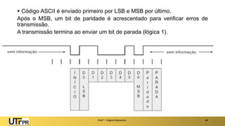 ▪ Código ASCII é enviado primeiro por LSB e MSB por último.
Após o MSB, um bit de paridade é acrescentado para verificar erros de
transmissão.
A transmissão termina ao enviar um bit de parada (lógica 1).
Prof a : Virgínia Baroncini 44
 