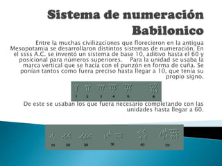 Sistema de numeración BabilonicoEntre la muchas civilizaciones que florecieron en la antigua Mesopotamia se desarrollaron distintos sistemas de numeración. En el ssss A.C. se inventó un sistema de base 10, aditivo hasta el 60 y posicional para números superiores.    Para la unidad se usaba la marca vertical que se hacía con el punzón en forma de cuña. Se ponían tantos como fuera preciso hasta llegar a 10, que tenía su propio signo.De este se usaban los que fuera necesario completando con las unidades hasta llegar a 60.