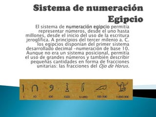 Sistema de numeración Egipcio El sistema de numeración egipcio permitía representar números, desde el uno hasta millones, desde el inicio del uso de la escritura jeroglífica. A principios del tercer milenio a. C. los egipcios disponían del primer sistema desarrollado decimal –numeración de base 10. Aunque no era un sistema posicional, permitía el uso de grandes números y también describir pequeñas cantidades en forma de fracciones unitarias: las fracciones del Ojo de Horus. 
