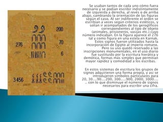 Se usaban tantos de cada uno cómo fuera necesario y se podían escribir indistintamente de izquierda a derecha, al revés o de arriba abajo, cambiando la orientación de las figuras según el caso. Al ser indiferente el orden se escribían a veces según criterios estéticos, y solían ir acompañados de los geroglíficos correspondientes al tipo de objeto (animales, prisioneros, vasijas etc.) cuyo número indicaban. En la figura aparece el 276 tal y como figura en una estela en Karnak.   Estos signos fueron utilizados hasta la incorporación de Egipto al imperio romano. Pero su uso quedó reservado a las inscripciones monumentales, en el uso diario fue sustituido por la escritura hierática y demótica, formas más simples que permitían mayor rapidez y comodidad a los escribas.  En estos sistemas de escritura los grupos de signos adquirieron una forma propia, y asi se introdujeron símbolos particulares para 20, 30....90....200, 300.....900, 2000, 3000...... con lo que disminuye el número de signos necesarios para escribir una cifra.