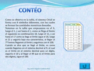 Como se observa en la tabla, el sistema Octal se
forma con 8 símbolos diferentes, con los cuales
se forman las cantidades numéricas deseadas.
Notemos en la tabla que empezamos en el 0,
luego el 1, y así hasta el 7, como se llega al límite
el siguiente es combinación 10, luego el 11, y así
hasta el 17 como se llega al límite sigue el 20, luego
el 21 y seguiría bajo esa característica, al llegar al
77 hemos llegamos al límite y seguimos con el 100.
Cuando se dice que se llegó al límite, es como
cuando llegamos en el sistema decimal al 9, el cual
es el límite en el sistema decimal para un dígito,
seguiría el 10 y al llegar al 99 que es el límite para
dos dígitos, sigue el 100.



                        Ing. Javier Augusto Cárdenas Ruiz
 