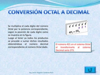 Se multiplica el cada digito del número
Octal por la potencia correspondiente,
según la posición de cada digito como
se muestra en la figura.
Luego al tener ya todos los productos
se procede a sumar dichos resultados
obteniéndose el número decimal                          El número 421 en el sistema Octal
correspondiente al número Octal dado.                   al transformarlo al sistema
                                                        Decimal sería 273.




                    Ing. Javier Augusto Cárdenas Ruiz
 