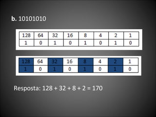 b.  10101010  Resposta: 128 + 32 + 8 + 2 = 170 