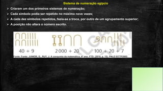 Fonte: Fonte: JUNIOR, G., RUY, J. A conquista da matemática, 6º ano. FTD. (2018, p. 15). PNLD 0377P2002.
Sistema de numeração egípcio
 Criaram um dos primeiros sistemas de numeração;
 Cada símbolo podia ser repetido no máximo nove vezes;
 A cada dez símbolos repetidos, fazia-se a troca, por outro de um agrupamento superior;
 A posição não altera o número escrito.
 