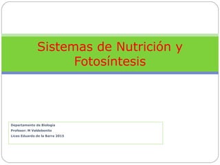 Departamento de Biología
Profesor: M Valdebenito
Liceo Eduardo de la Barra 2015
Sistemas de Nutrición y
Fotosíntesis
 