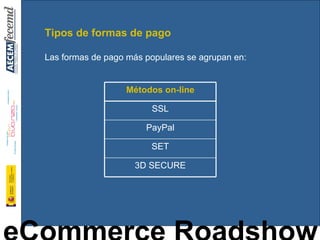Tipos de formas de pago Las formas de pago más populares se agrupan en: Métodos on-line SSL PayPal SET 3D SECURE 