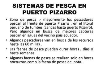 SISTEMAS DE PESCA EN
PUERTO PIZARRO
• Zona de pesca .- mayormente los pescadores
pescan al frente de puerto Pizarro , en el litoral
peruano de tumbes (cancas hasta puerto Pizarro).
Pero algunos en busca de mejores capturas
pescan en aguas del vecino país ecuador.
• Algunos pescadores van en busca de los recursos
hasta las 60 millas .
• Las faenas de pesca pueden durar horas , días o
hasta semanas.
• Algunas faenas de pesca se realizan solo en horas
nocturnas como la faena de pesca de pota.
 