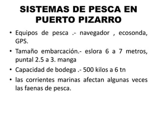 SISTEMAS DE PESCA EN
PUERTO PIZARRO
• Equipos de pesca .- navegador , ecosonda,
GPS.
• Tamaño embarcación.- eslora 6 a 7 metros,
puntal 2.5 a 3. manga
• Capacidad de bodega .- 500 kilos a 6 tn
• las corrientes marinas afectan algunas veces
las faenas de pesca.
 