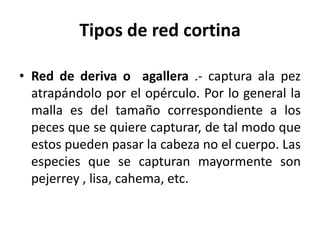 Tipos de red cortina
• Red de deriva o agallera .- captura ala pez
atrapándolo por el opérculo. Por lo general la
malla es del tamaño correspondiente a los
peces que se quiere capturar, de tal modo que
estos pueden pasar la cabeza no el cuerpo. Las
especies que se capturan mayormente son
pejerrey , lisa, cahema, etc.
 