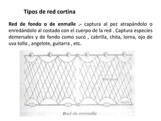 Tipos de red cortina
Red de fondo o de enmalle .- captura al pez atrapándolo o
enredándolo al costado con el cuerpo de la red . Captura especies
demersales y de fondo como suco , cabrilla, chita, lorna, ojo de
uva tollo , angelote, guitarra , etc.
 