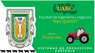 Facultad de ingeniería y negocios
“San Quintín”
S I S T E M A S D E P R O D U C C I Ó N
A G R Í C O L A
Alumno:
David González
 