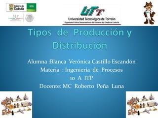 Alumna :Blanca Verónica Castillo Escandón
Materia : Ingeniería de Procesos
10 A ITP
Docente: MC Roberto Peña Luna
 