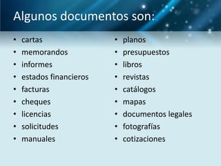 Algunos documentos son:
•   cartas                •   planos
•   memorandos            •   presupuestos
•   informes              •   libros
•   estados financieros   •   revistas
•   facturas              •   catálogos
•   cheques               •   mapas
•   licencias             •   documentos legales
•   solicitudes           •   fotografías
•   manuales              •   cotizaciones
 