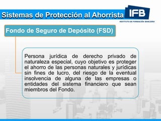 Sistemas de Protección al Ahorrista
Fondo de Seguro de Depósito (FSD)
Persona jurídica de derecho privado de
naturaleza especial, cuyo objetivo es proteger
el ahorro de las personas naturales y jurídicas
sin fines de lucro, del riesgo de la eventual
insolvencia de alguna de las empresas o
entidades del sistema financiero que sean
miembros del Fondo.
 