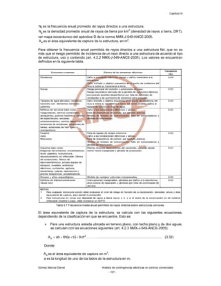 Capítulo III
Gómez Marcial Daniel Análisis de contingencias eléctricas en centros comerciales
- 107 -
0
N es la frecuencia anual promedio de rayos directos a una estructura.
g
N es la densidad promedio anual de rayos de tierra por km
2
(densidad de rayos a tierra, DRT),
ver mapa isoceráunico del apéndice D de la norma NMX-J-549-ANCE-2005.
e
A es el área equivalente de captura de la estructura, en m
2
.
Para obtener la frecuencia anual permitida de rayos directos a una estructura Nd, que no es
más que el riesgo permitido de incidencia de un rayo directo a una estructura de acuerdo al tipo
de estructura, uso y contenido (art. 4.2.2 NMX-J-549-ANCE-2005). Los valores se encuentran
definidos en la siguiente tabla.
Tabla 3.7 Frecuencia media anual permitida de rayos directos sobre estructuras comunes.
El área equivalente de captura de la estructura, se calcula con las siguientes ecuaciones,
dependiendo de la clasificación en que se encuentre. Esto es:
 Para una estructura aislada ubicada en terreno plano, con techo plano y de dos aguas,
se calculan con las ecuaciones siguientes (art. 4.2.3 NMX-J-549-ANCE-2005):
  2
e h
9
b
a
h
6
ab
A 



 ………..................................................................... (3.32)
Donde:
e
A es el área equivalente de captura en m2
.
a es la longitud de uno de los lados de la estructura en m.
 