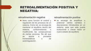RETROALIMENTACIÓN POSITIVA Y
NEGATIVA:
retroalimentación negativa
 tiene como función el control y
regulación de los procesos de un
sistema. Como tal, se encarga de
mantener el equilibrio dentro del
sistema, contrarrestando o
modificando las consecuencias
de ciertas acciones. De allí que
se asocie a procesos
homeostáticos o de
autorregulación.
retroalimentación positiva
 se encarga de amplificar o
potenciar ciertos cambios o
desviaciones introducidos en un
sistema, para que este pueda
evolucionar o crecer hacia un
nuevo estado de equilibrio
 